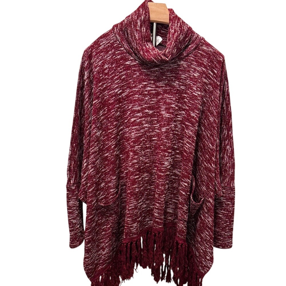 Entro Cowl Neck Marled Knit Poncho Fringe Pockets S M Burgundy White Chunky Cozy